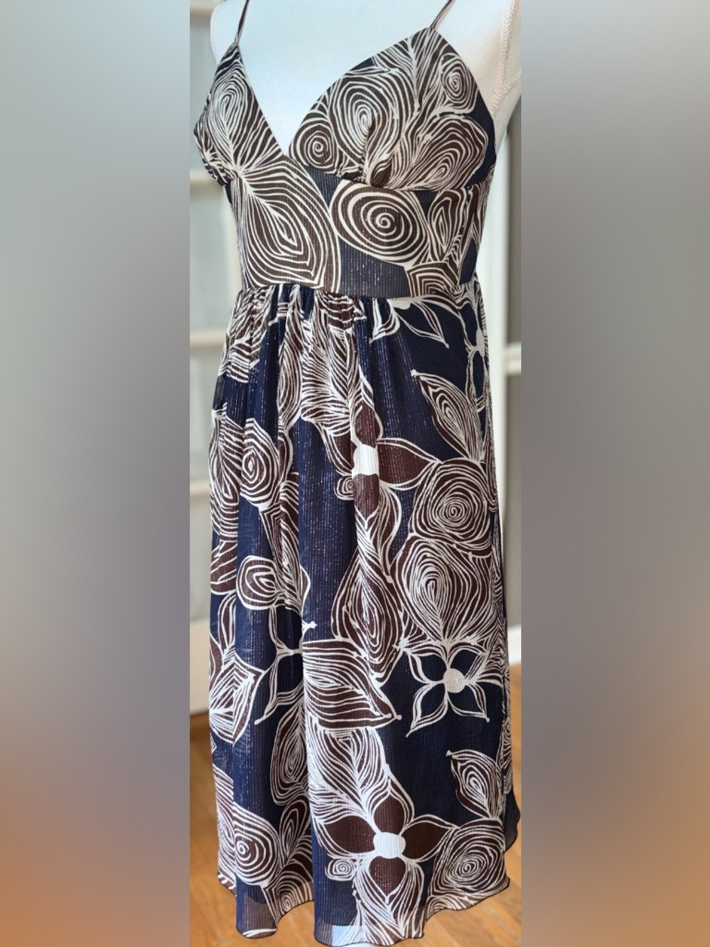 Trina Turk Silk Empire Waist Dress Brown Cream Floral Strappy Sz 8 - Picture 2 of 8